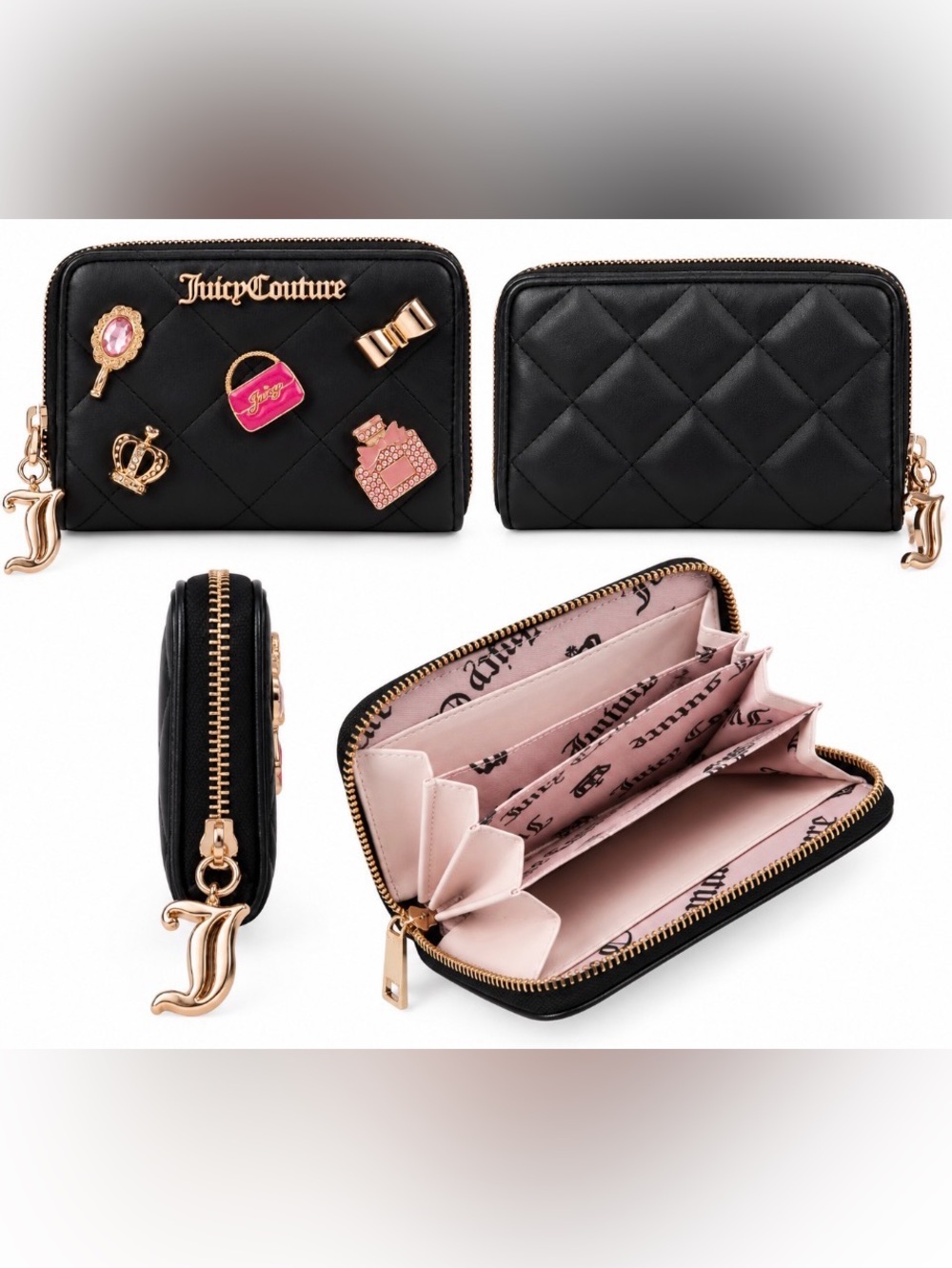 Juicy Couture Black Quilted Zip Wallet with Pink Interior and decorative charms